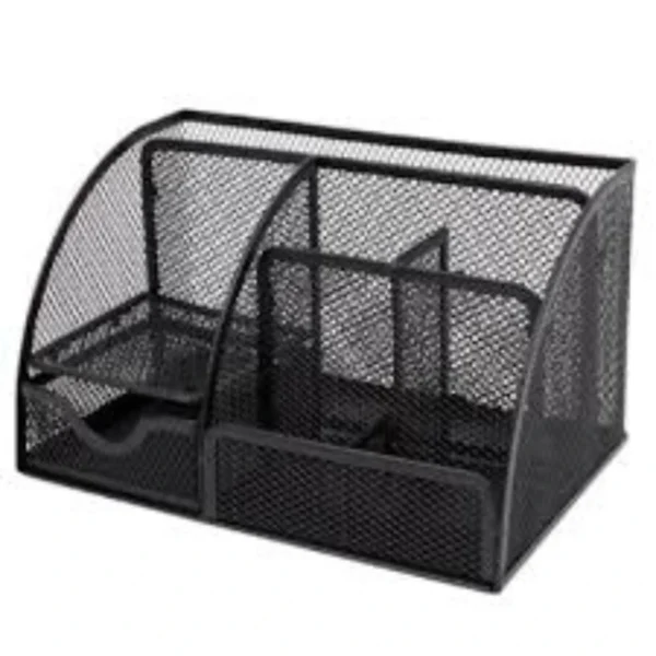 Kit 1 Organizador de mesa de escritório cor preto, porta-canetas multifuncional com gaveta, 6 compartimentos,