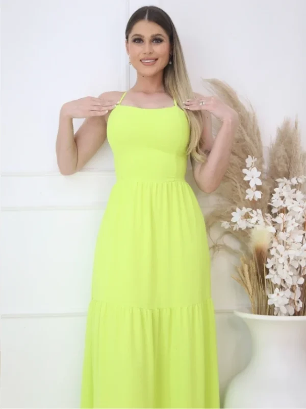 Vestido Longo Moda Feminina com Alça e Amarração nas Costas Estampa Lisa Estilo Primavera Verão Design Elegante e Confortável - Image 2