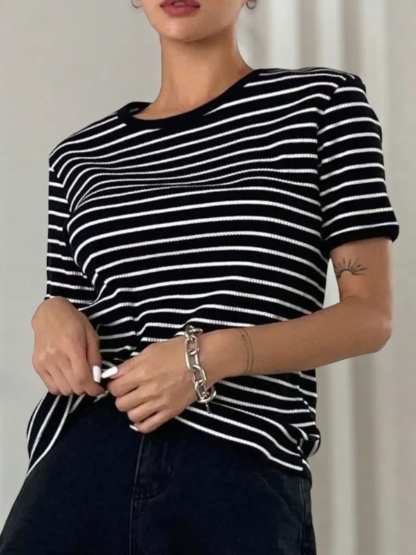 Camiseta Listrada Canelada, Casais Top respirável, Roupa casual, Camiseta