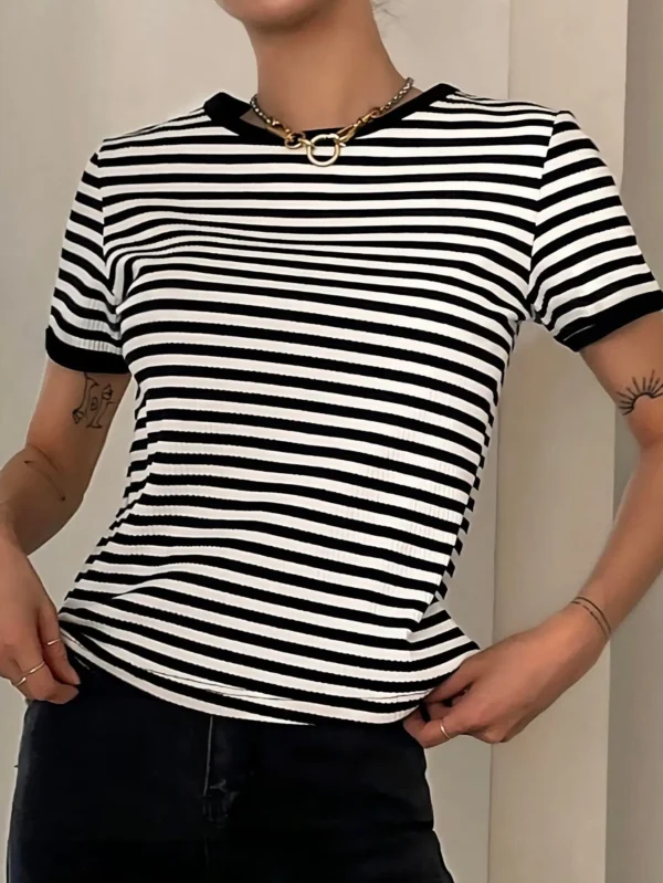 Camiseta Listrada Canelada, Casais Top respirável, Roupa casual, Camiseta - Image 2