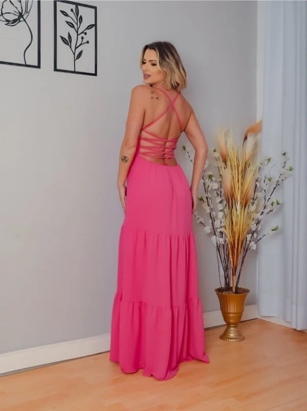 Vestido Longo Moda Feminina com Alça e Amarração nas Costas Estampa Lisa Estilo Primavera Verão Design Elegante e Confortável - Image 4