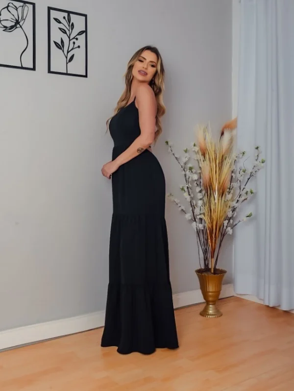 Vestido Longo Moda Feminina com Alça e Amarração nas Costas Estampa Lisa Estilo Primavera Verão Design Elegante e Confortável - Image 3