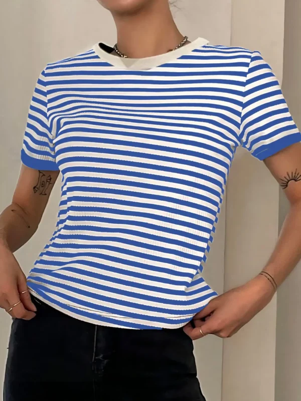 Camiseta Listrada Canelada, Casais Top respirável, Roupa casual, Camiseta - Image 4