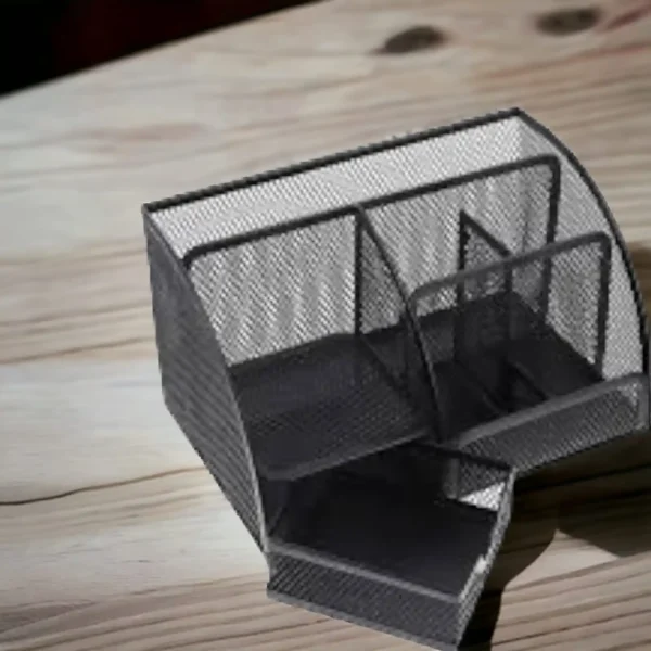 Kit 1 Organizador de mesa de escritório cor preto, porta-canetas multifuncional com gaveta, 6 compartimentos, - Image 2