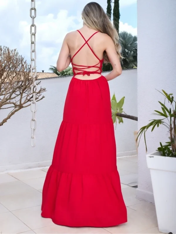 Vestido Longo Moda Feminina com Alça e Amarração nas Costas Estampa Lisa Estilo Primavera Verão Design Elegante e Confortável - Image 6