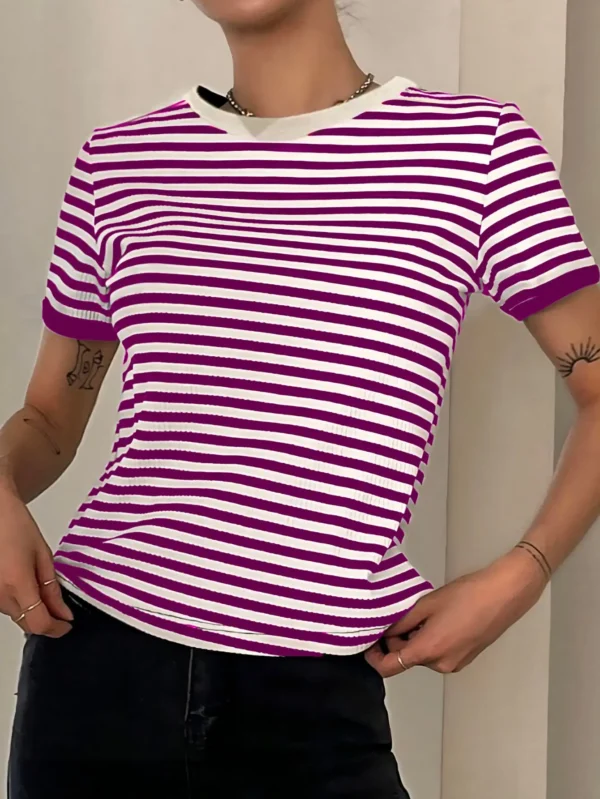 Camiseta Listrada Canelada, Casais Top respirável, Roupa casual, Camiseta - Image 5