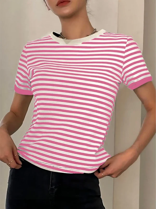 Camiseta Listrada Canelada, Casais Top respirável, Roupa casual, Camiseta - Image 3
