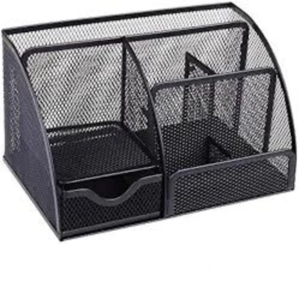 Kit 1 Organizador de mesa de escritório cor preto, porta-canetas multifuncional com gaveta, 6 compartimentos, - Image 4