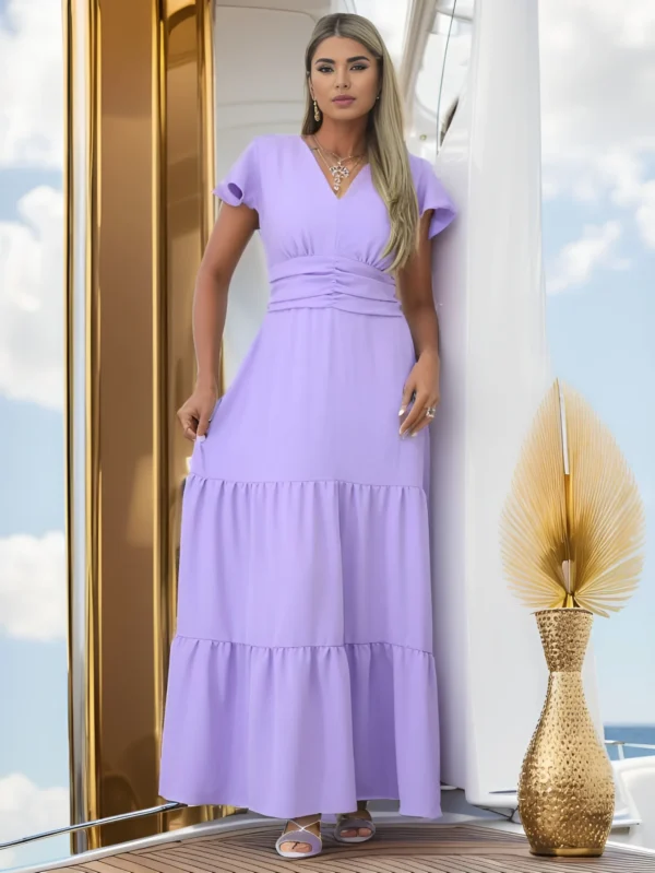 Vestido Longo Duna com Decote em V Cintura Elástica e Mangas Estilo Babado a Perfeita Combinação de Moda e Lazer - Image 3