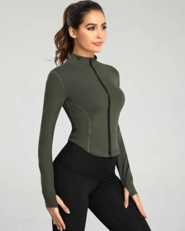 Jaqueta atlética leve com furos para o polegar para mulheres, zíper completo, corrida, pista, tops de ioga, esportes, jaquetas de treino - Image 4