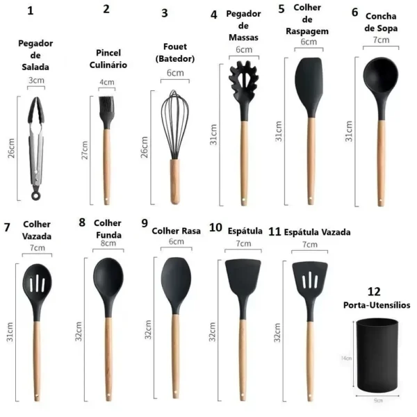 Jogo de Cozinha Kit C/12 Peças de Silicone, Utensílios e Copo Suporte para Cozinha Cabo de Madeira Su - Image 4