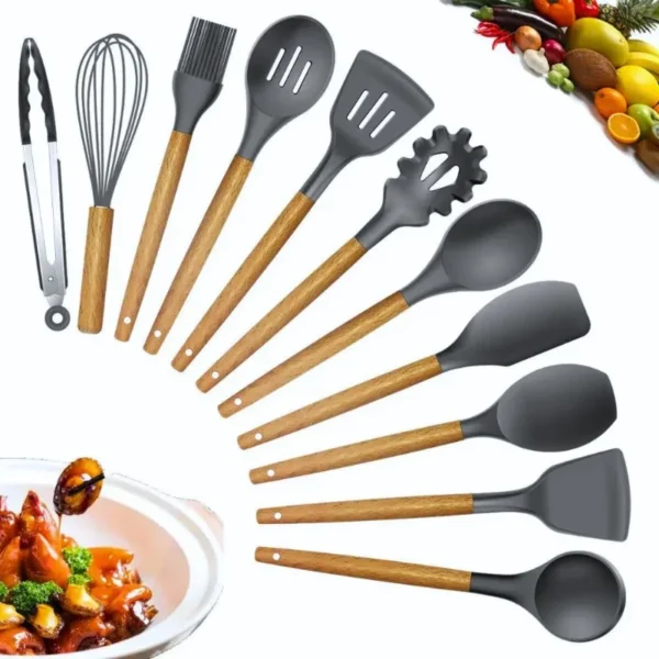 12-piece Set Wooden Handle Silicone Kitchen Utensils Silicone Kitchen Utensils Non-stick Pan Cooking Spatula Baking Storage Tool