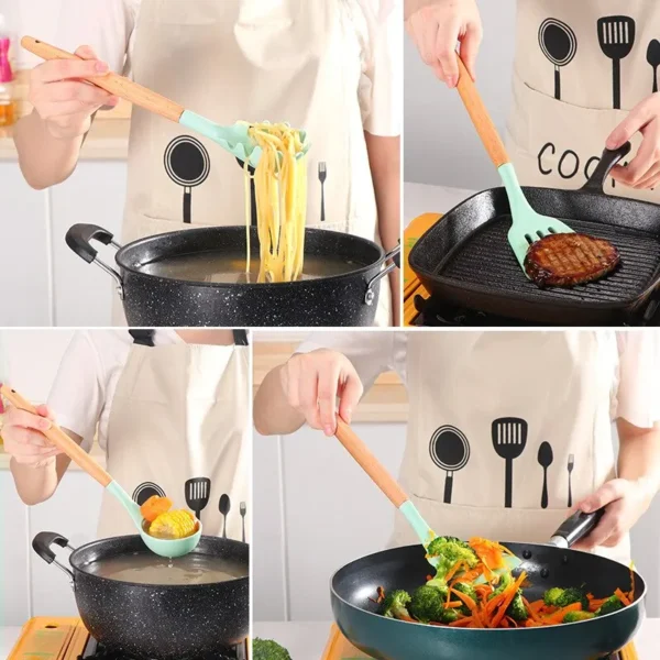 12-piece Set Wooden Handle Silicone Kitchen Utensils Silicone Kitchen Utensils Non-stick Pan Cooking Spatula Baking Storage Tool - Image 3