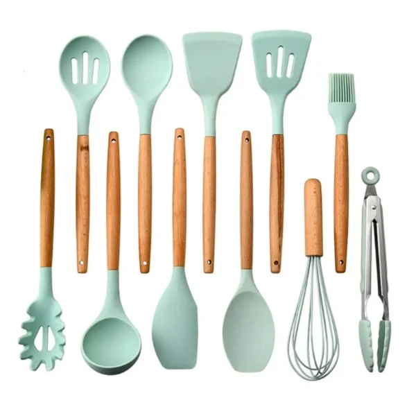 12-piece Set Wooden Handle Silicone Kitchen Utensils Silicone Kitchen Utensils Non-stick Pan Cooking Spatula Baking Storage Tool - Image 5