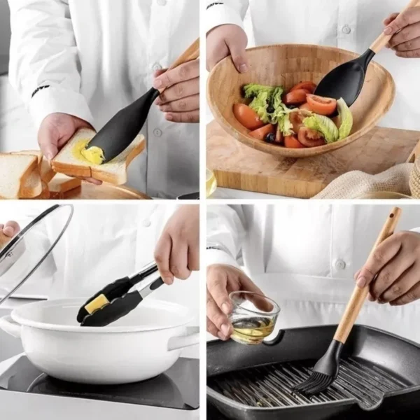 Jogo de Cozinha Kit C/12 Peças de Silicone, Utensílios e Copo Suporte para Cozinha Cabo de Madeira Su - Image 3