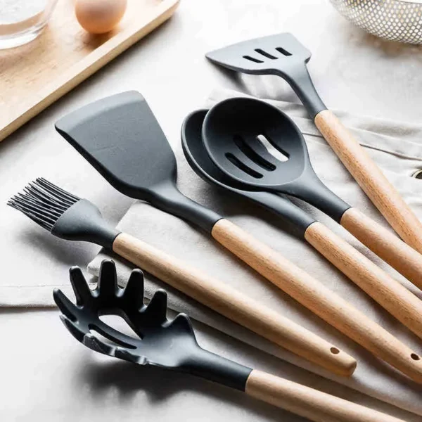 12-piece Set Wooden Handle Silicone Kitchen Utensils Silicone Kitchen Utensils Non-stick Pan Cooking Spatula Baking Storage Tool - Image 4