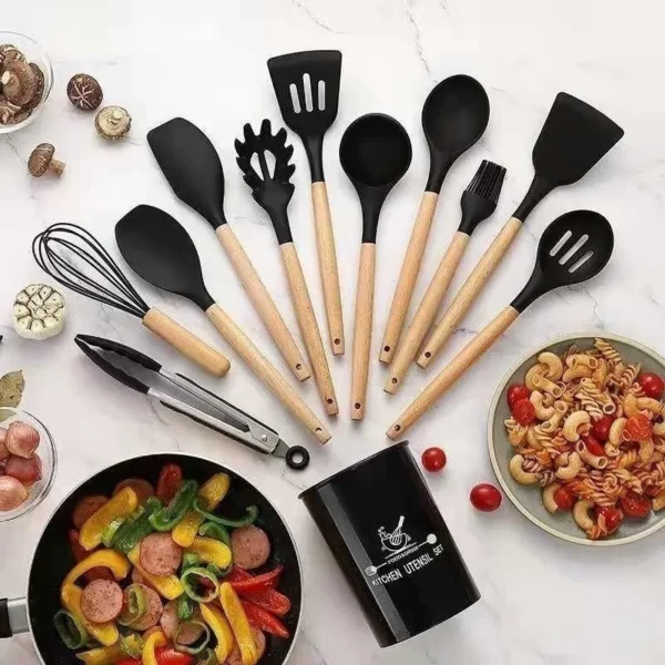 Jogo de Cozinha Kit C/12 Peças de Silicone, Utensílios e Copo Suporte para Cozinha Cabo de Madeira Su - Image 2