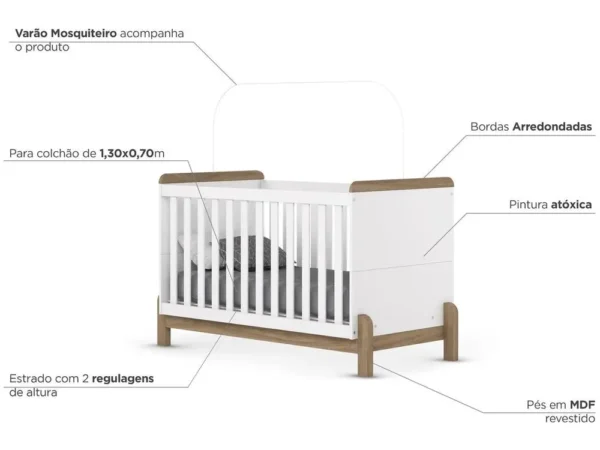 Quarto de Bebê Completo com Berço Cômoda e Guarda-roupa Henn Ternura Branco e Jequitibá - Image 3