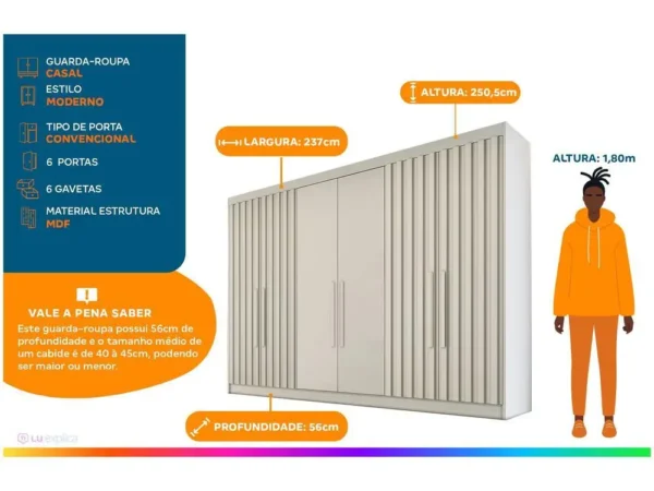 Guarda-roupa Casal 6 Portas 6 Gavetas Móveis Europa Ripado Potente - Image 2