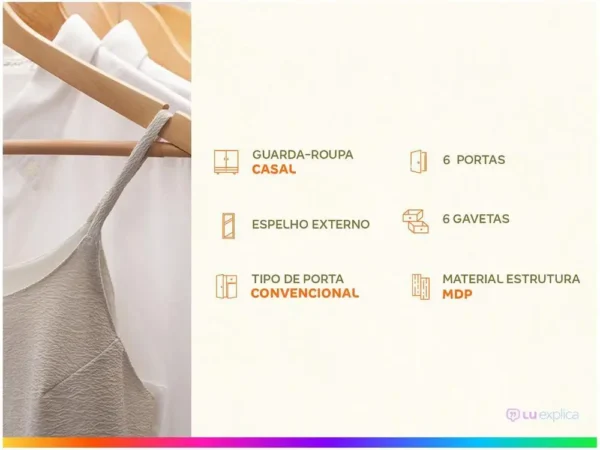 Guarda-roupa Casal com Espelho 6 Portas - Image 2