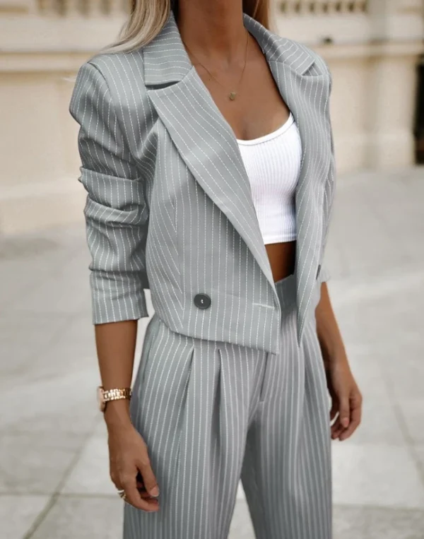 Blazer feminino de manga comprida listrada e calças de perna reta, terno de escritório feminino, moda de trabalho, rua, outono, 2023 - Image 5
