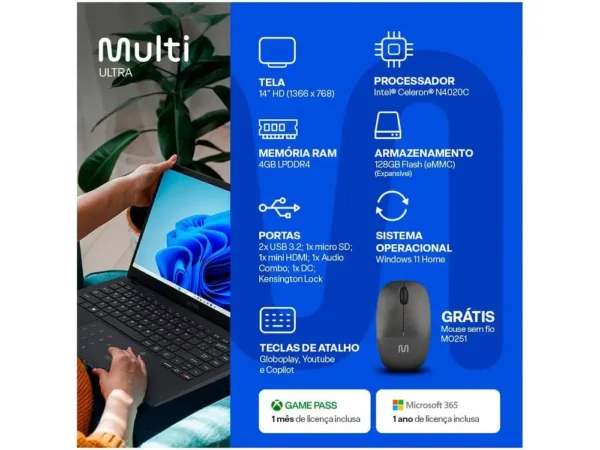 Notebook Multi Ultra UB251 4GB RAM 128GB eMMC 14" HD Windows 11 UB251 + Mouse Sem Fio - Image 3