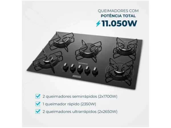 Cooktop 5 Bocas Mondial a Gás GLP Preto - Bivolt - Image 3