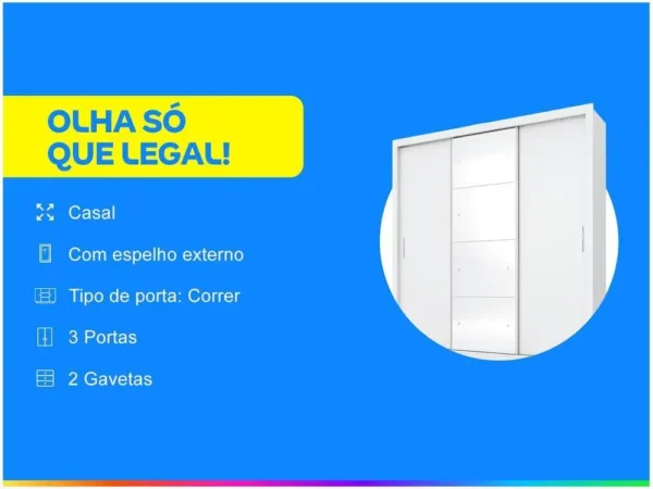 Guarda-roupa Casal com Espelho 3 Portas de Correr - Image 2