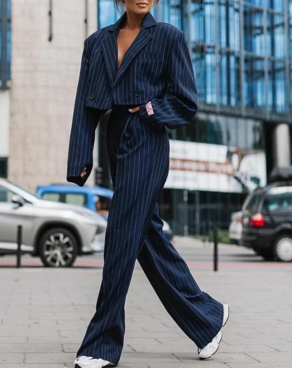 Blazer feminino de manga comprida listrada e calças de perna reta, terno de escritório feminino, moda de trabalho, rua, outono, 2023 - Image 2